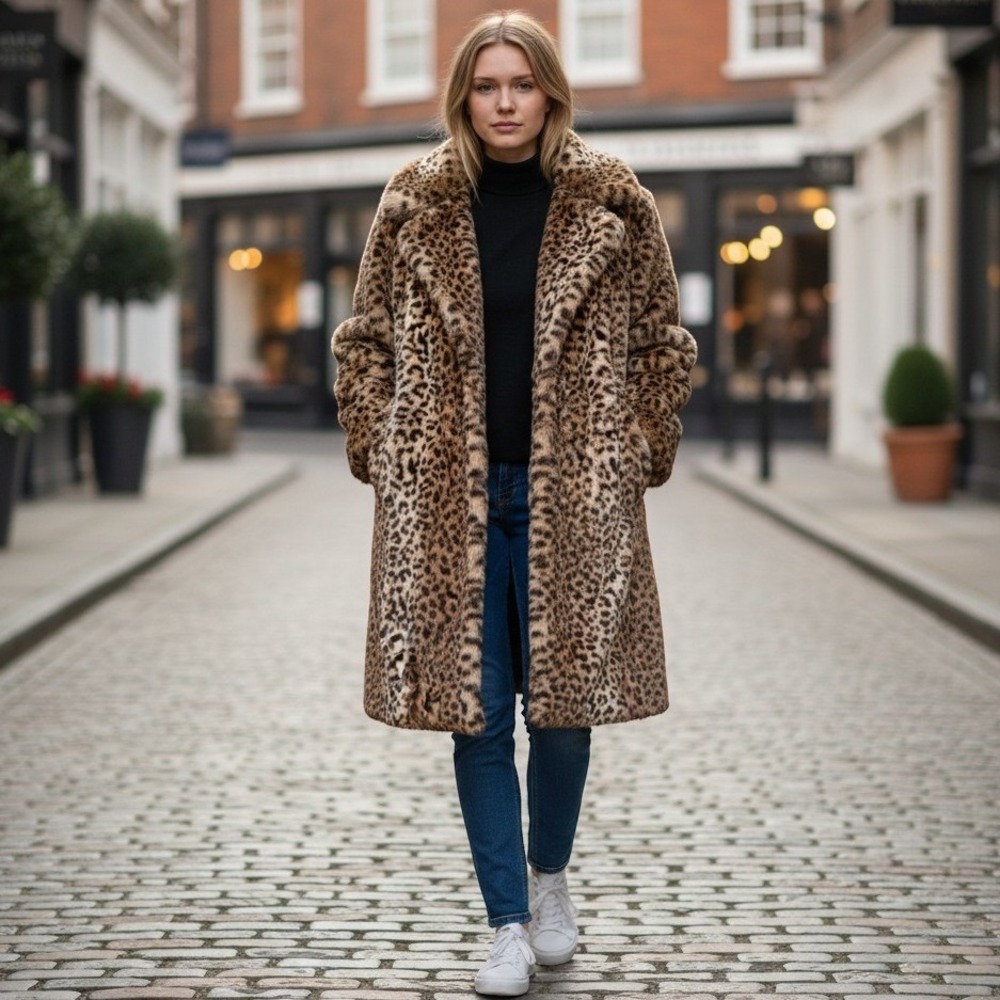 C&C California Faux Fur Coat Women's L Leopard Print Long Statement Mob Wife